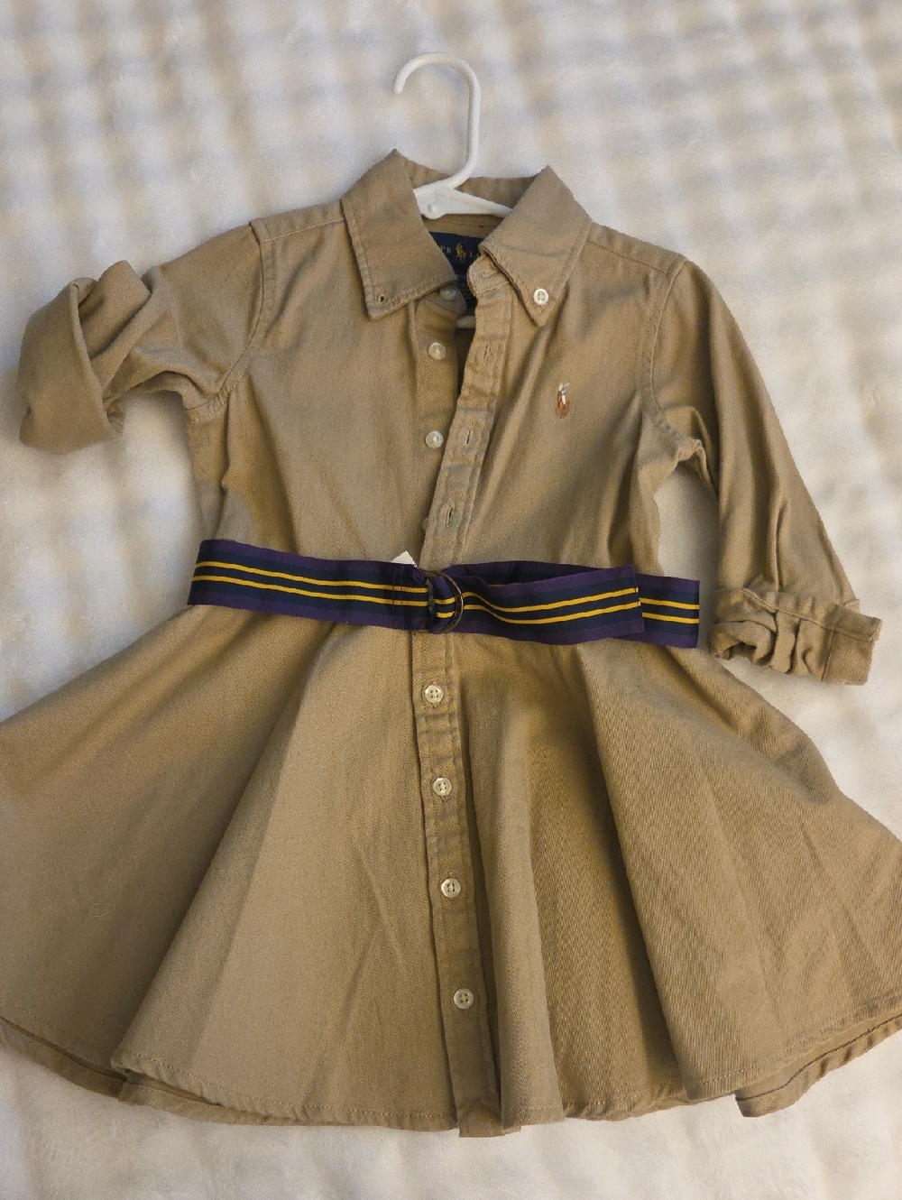 Ralph Lauren Khaki Shirt Dress with Navy & Yellow Stripe Belt